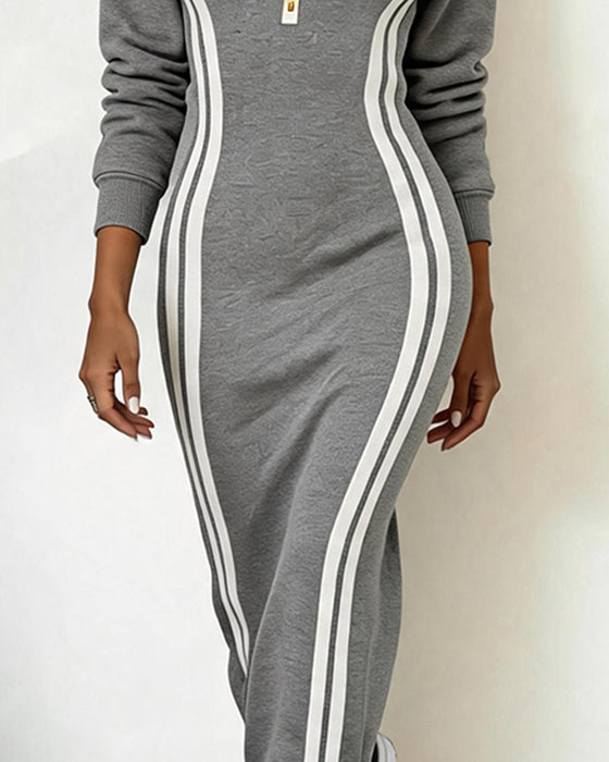 Robe Col Revers Fermeture Éclair Rayé Ajustée
