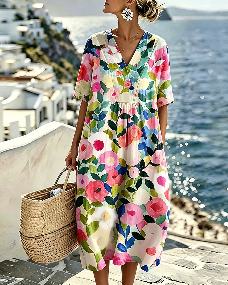 Robe Aquarelle Florale Col V