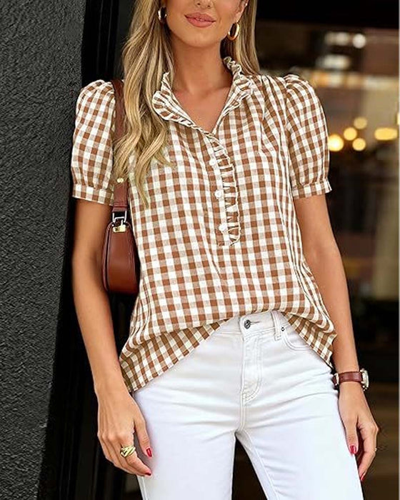 Blouse À Carreaux Bouffante Manches Courtes