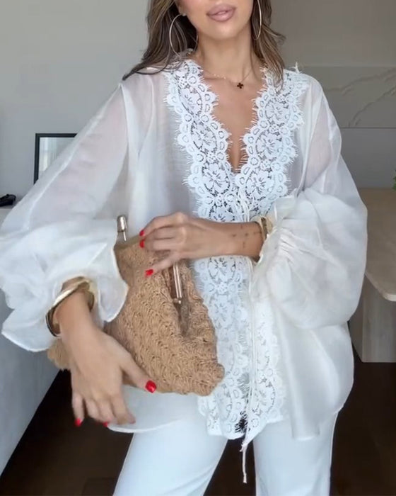 Blouse Col En V Dentelle Panneau Volant