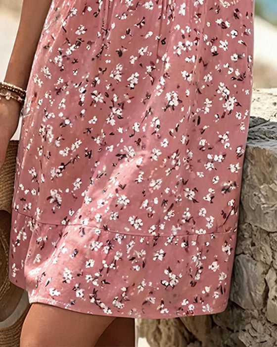 Robe Col Rond Sans Manches Florale Plissée