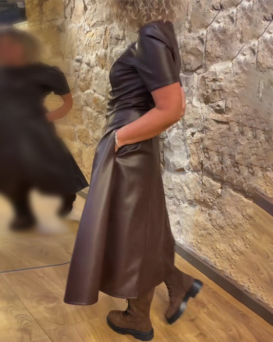 Robe Cuir Pu Cintré Manches Courtes