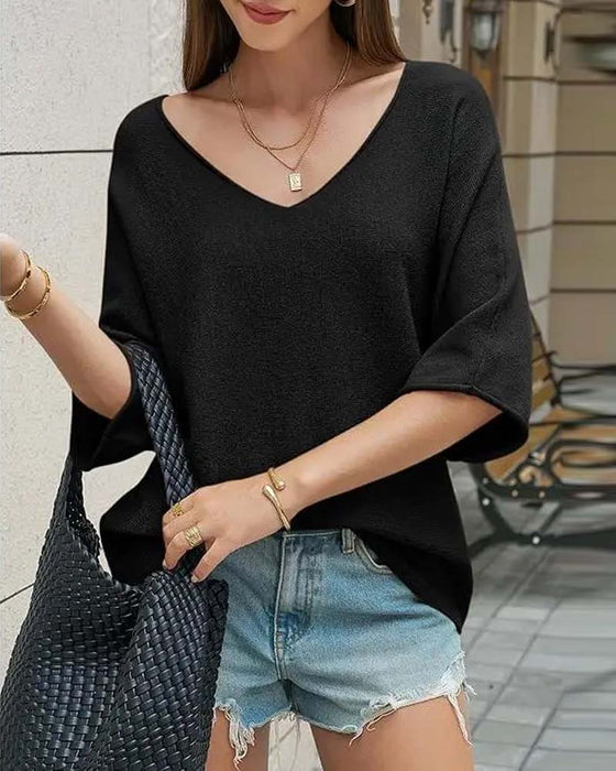 T-Shirt Col V Manche Chauve-Souris Unie