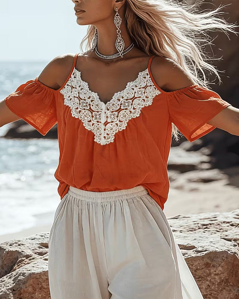 Blouse Dentelle Patchwork Off-Épaule