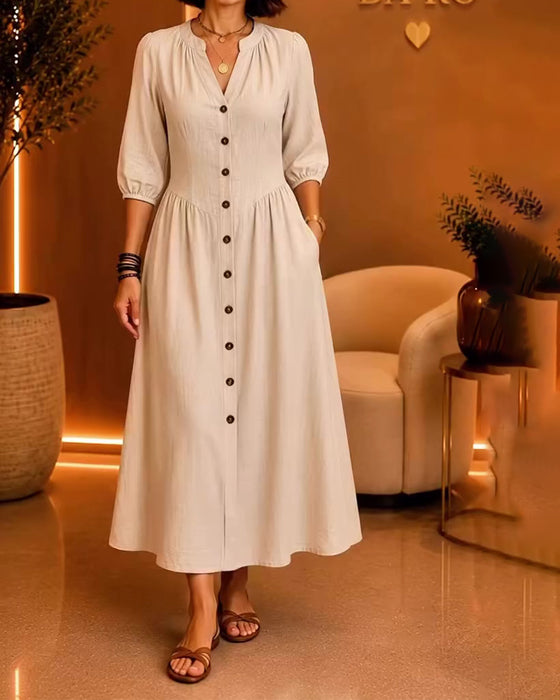 Robe Col En V Bouton Froncée Manche Coude