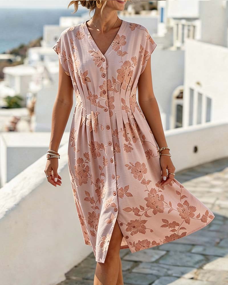 Robe Col En V Imprimé Taille Cintrée Boutonnage Devant