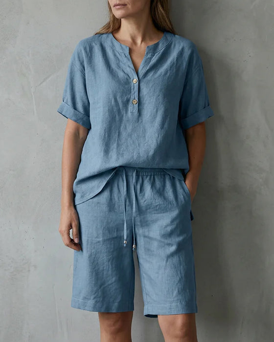 Deux-Pièces Ensemble Col Henley Manche Courte Et Cordon De Serrage Cinq-Points Large Jambe Pantalon