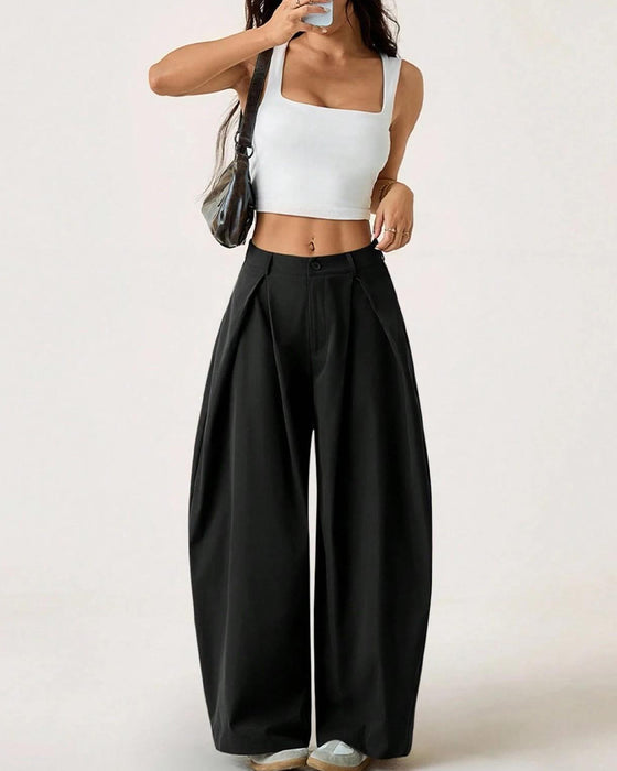 Pantalon Taille Haute Plissé Jambe Large Décontracté