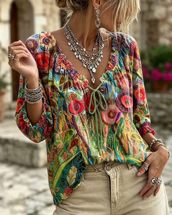 Blouse Col En V Volant Manches Ballon Attacher