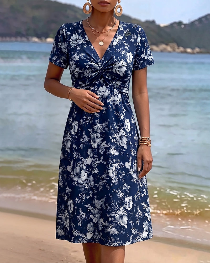 Robe Florale Col V Twist Nœud