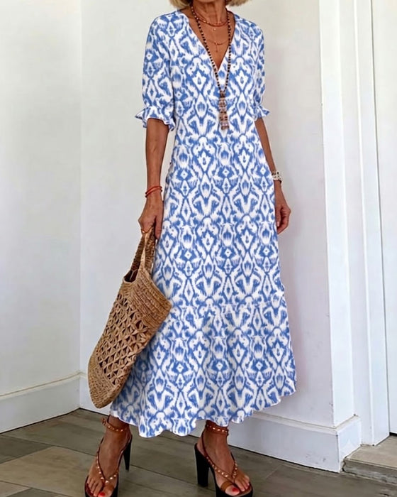 Robe Col En V Manches Mi-Longues Volant Coupe A