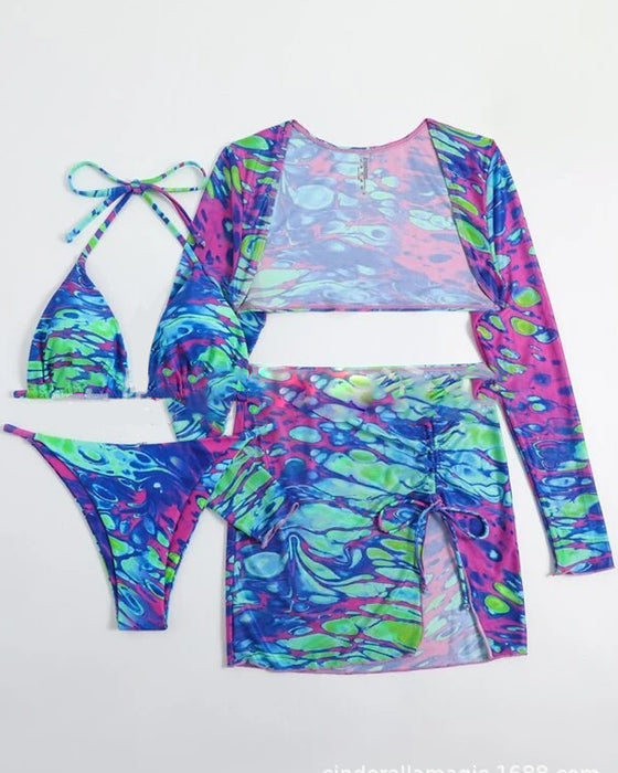 Ensemble de bikini trois pièces multicolore tie-dye
