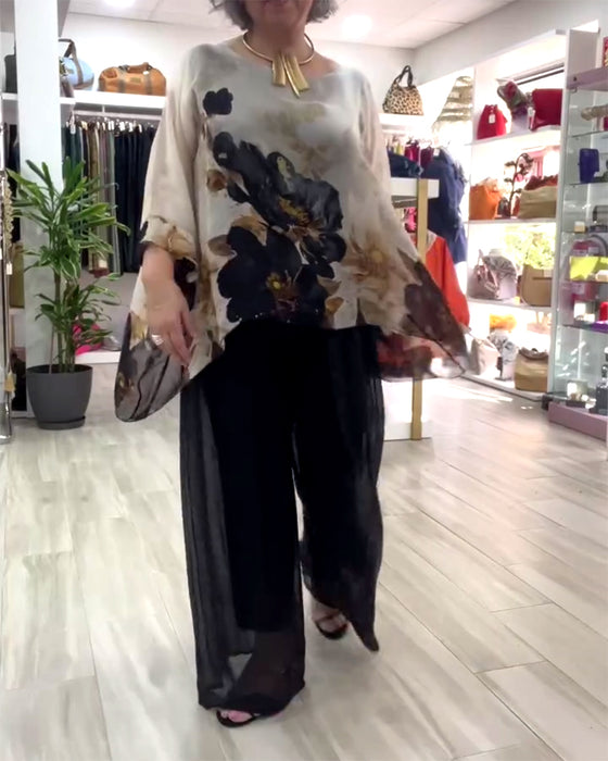 Blouse Manches Longues Irrégulière Imprimé Grandes Fleurs