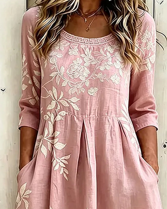 Robe Col Rond Fleuri Jupe Ample