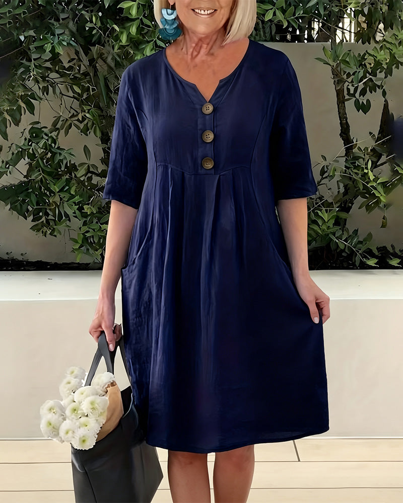Robe Col V Boutonnée Décontractée