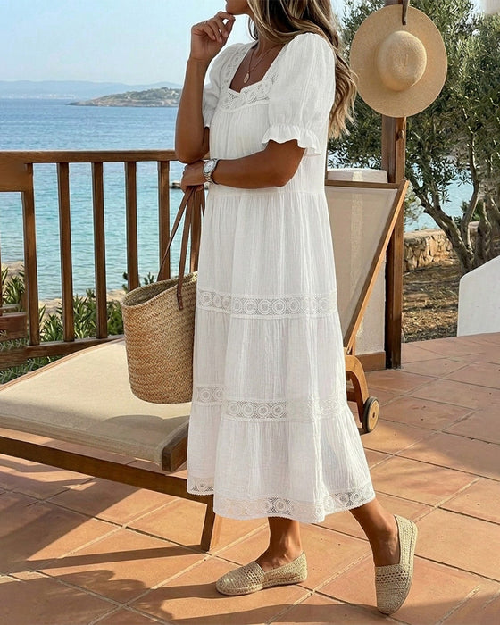 Robe Col Carré Dentelle Patchwork