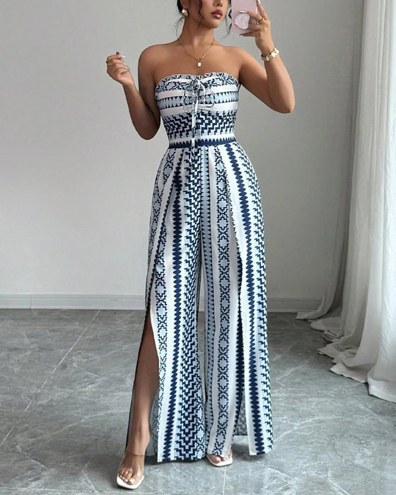 Jumpsuit Géométrique Bandeau Fente Jambe Large