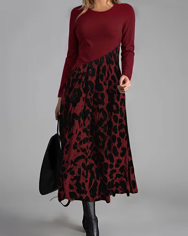Robe Col Rond Léopard Jupe Ample