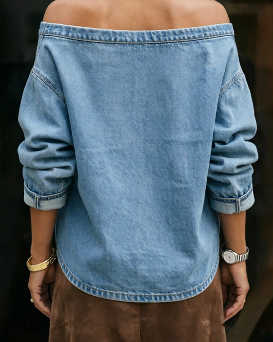 Haut Hors Épaule Lâche Denim Manches Longues