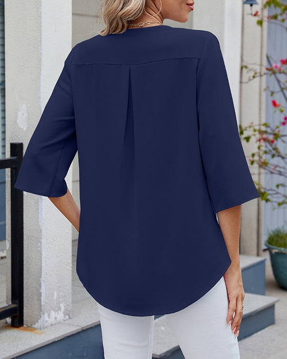 Blouse Manches Mi-Longues À Volants Couleur Unie Décontractée