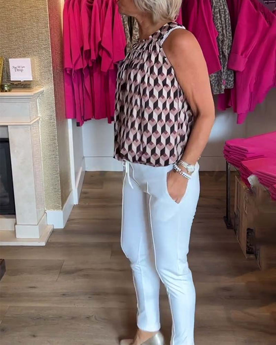 Haut décontracté à col ras du cou sans manches et imprimé diamant