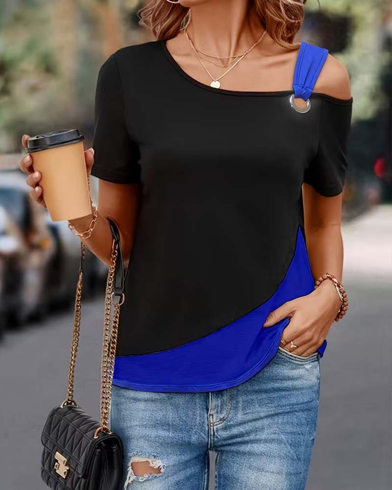 T-Shirt Épaule Dénudée Bloc De Couleur Décontracté