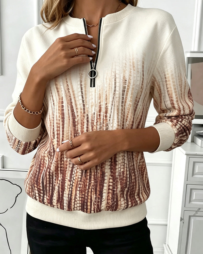 Sweat-Shirt Dégradé Col Rond Fermeture Éclair Manches Longues