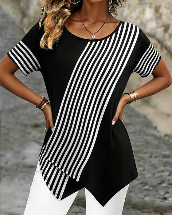 T-Shirt Rayure Diagonale Patchwork Col Rond