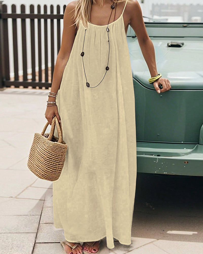 Robe Uni Couleur Plissé Dos Nu Bretelles Spaghetti Maxi