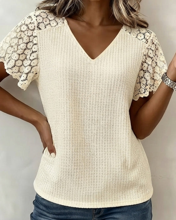 T-Shirt Col En V Gaufré Dentelle Patchwork Unie