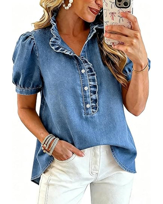 Blouse Boutonner Volant Denim