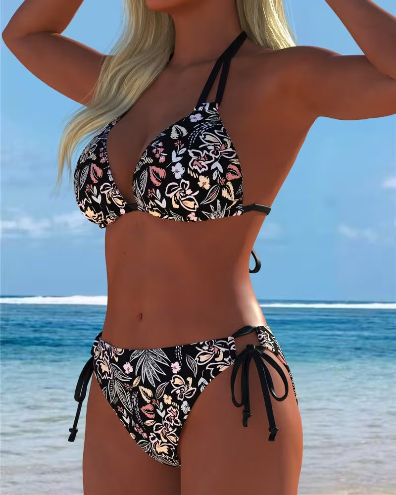 Bikini Fleuri Halier À Attacher Deux-Pièces Bikini