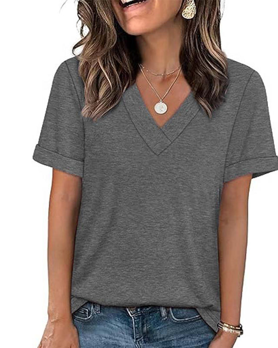 T-Shirt Unie Col En V Décontracté Manches Courtes