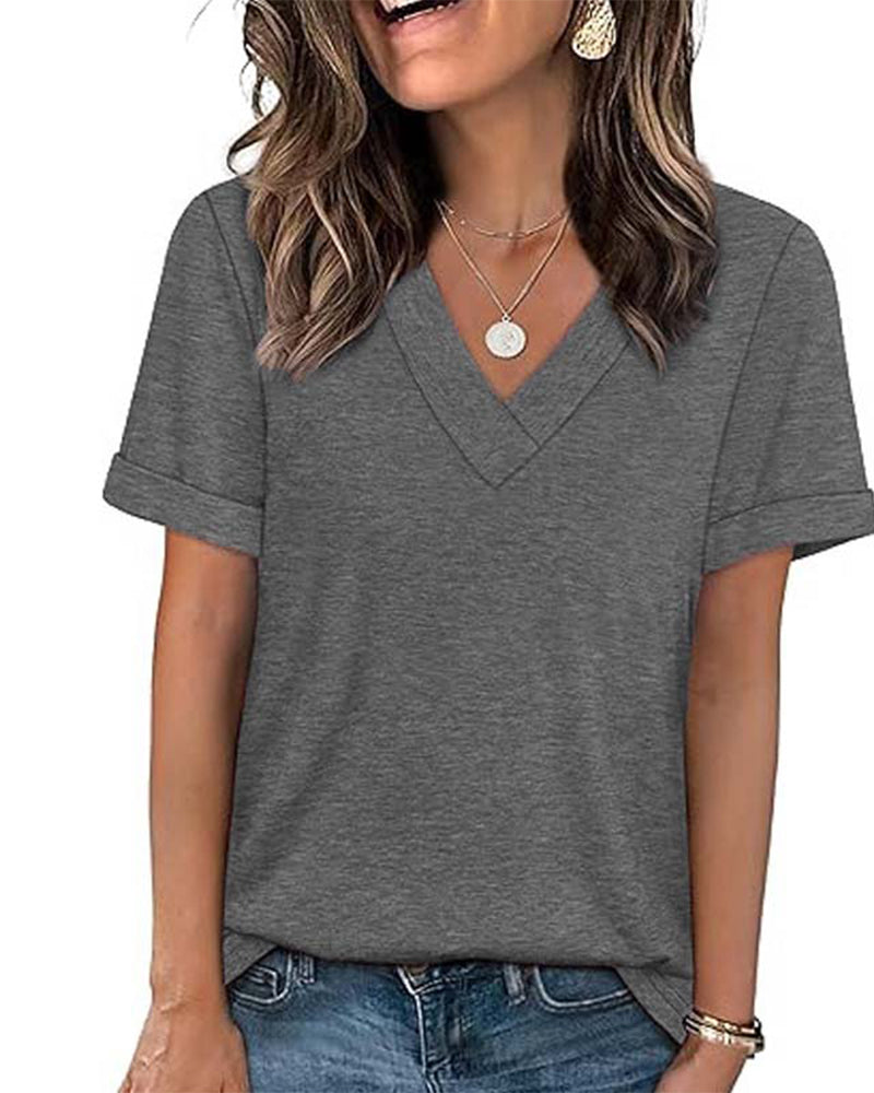 T-Shirt Unie Col En V Décontracté Manches Courtes