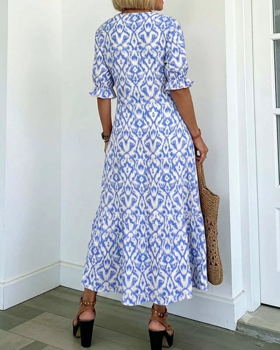 Robe Col En V Manches Mi-Longues Volant Coupe A