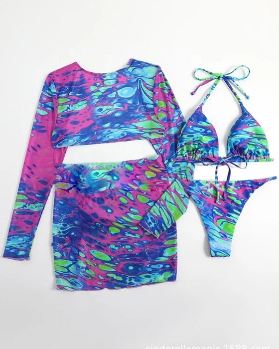 Ensemble de bikini trois pièces multicolore tie-dye