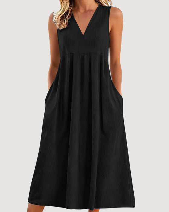 Robe Unie Col V Sans Manches