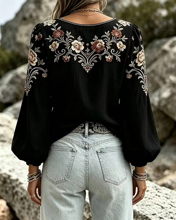 Blouse Col V Florale Décontractée