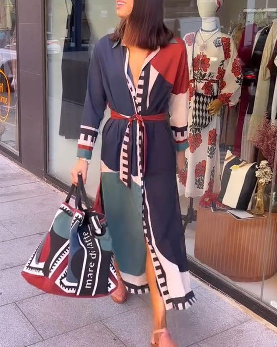 Robe décontractée à imprimé blocs de couleurs avec revers et lacets