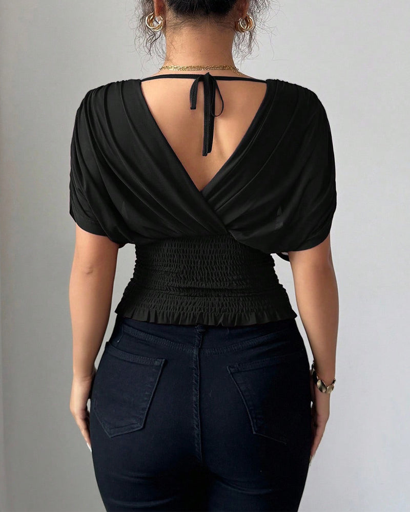 Blouse Unie Profond Col En V Taille Manches Courtes