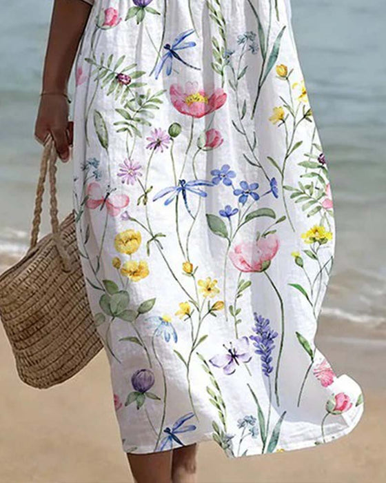 Robe Manche Courte Florale Col Rond A-Ligne