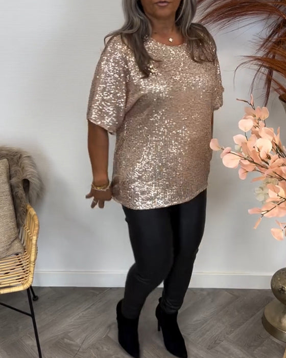 Haut élégant à paillettes et col rond
