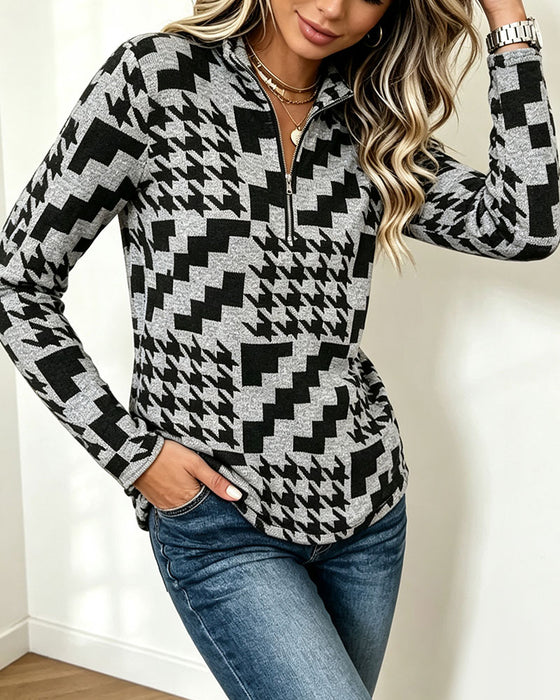 Haut Pied-De-Poule Demi-Zip Col Montant Manches Longues