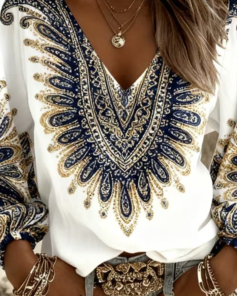 Haut À Col V Et Imprimé Rétro