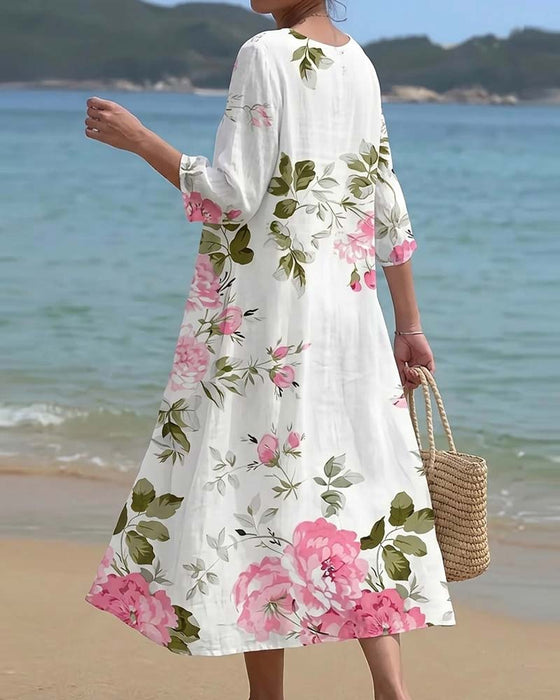 Robes Col Rond Imprimé Manche Trois Quarts Ample