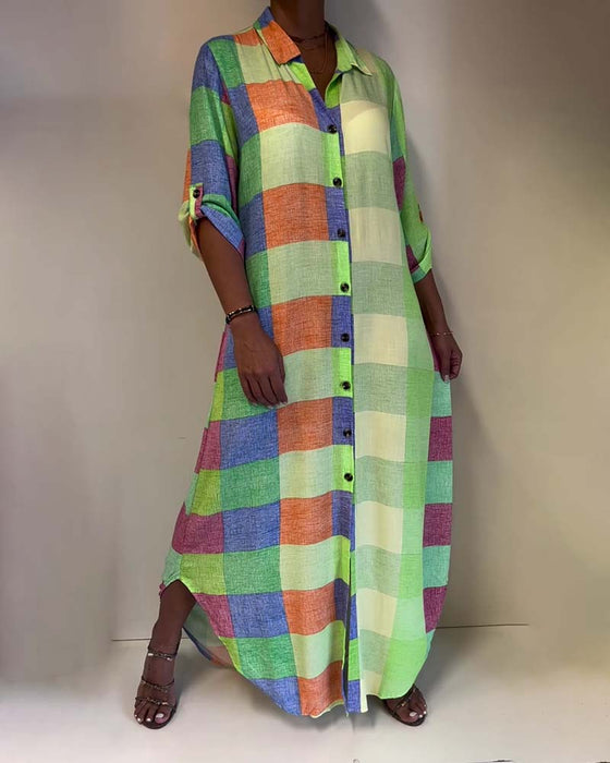 Robe à Carreaux Col Bloc de Couleur Chemise