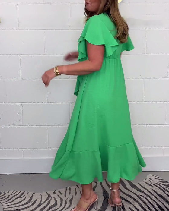 Robe élégante fendue de couleur unie à volants