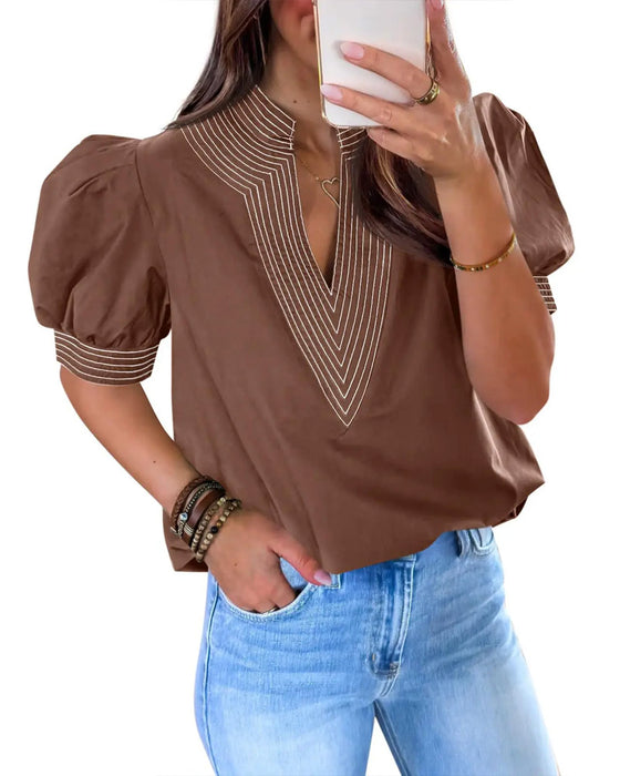Blouse Col V Manche Bouffante Rayée