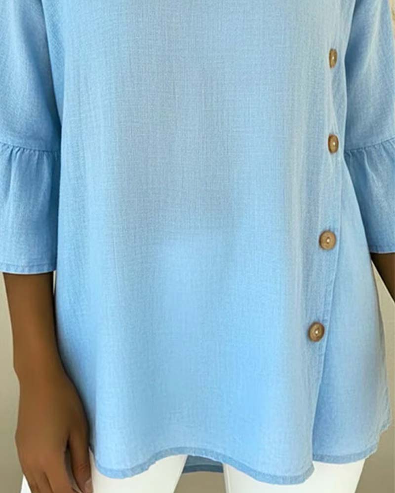 Blouse Bouton Latéral Manche Évasée Lin