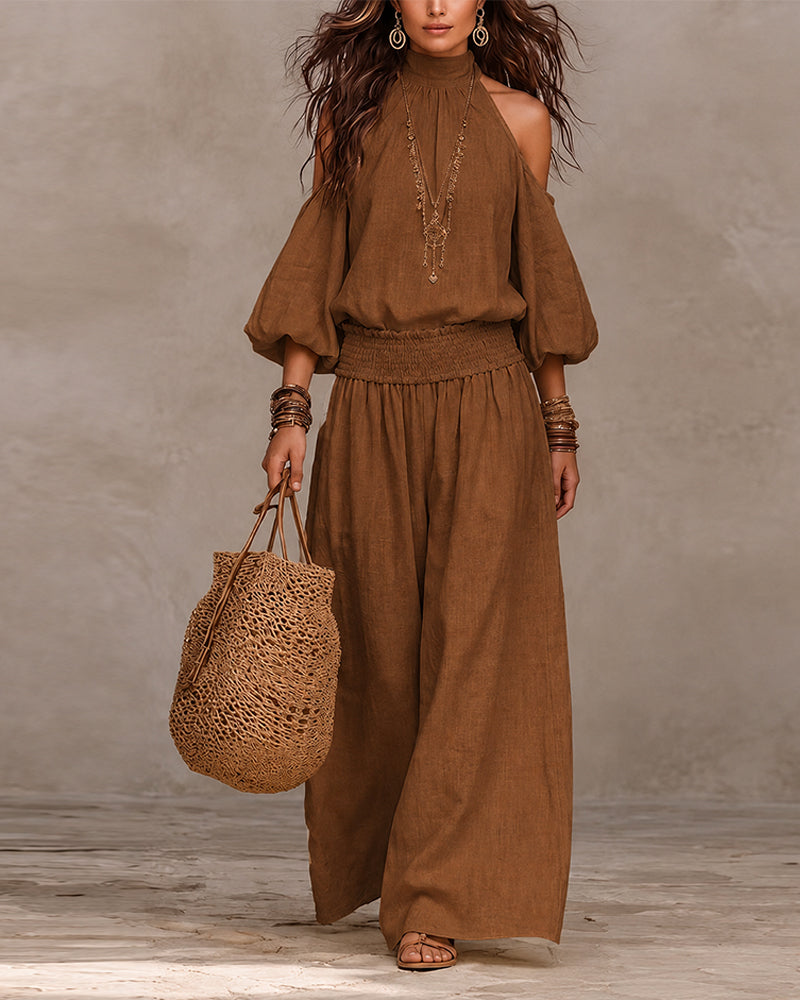 Ensemble Hors-Épaule Manches Longues Froncé Pantalon